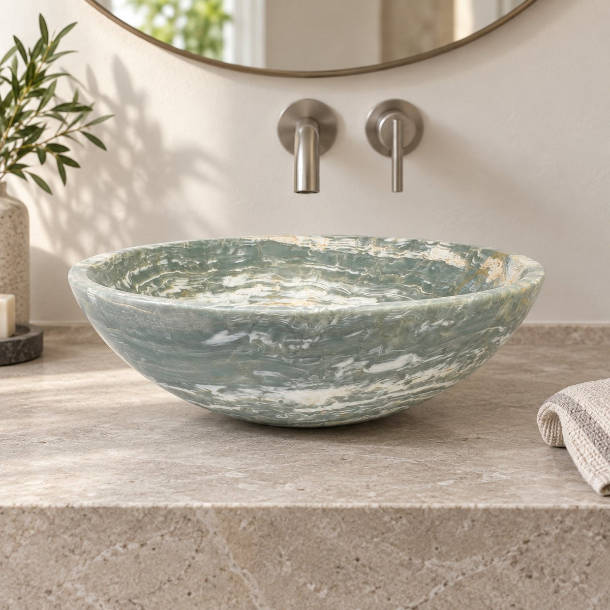 Vinko Blue Jade Stone Vessel Sink — low frontal bathroom lifestyle