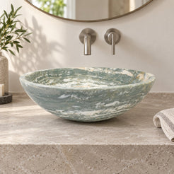 Vinko Blue Jade Stone Vessel Sink — low frontal bathroom lifestyle
