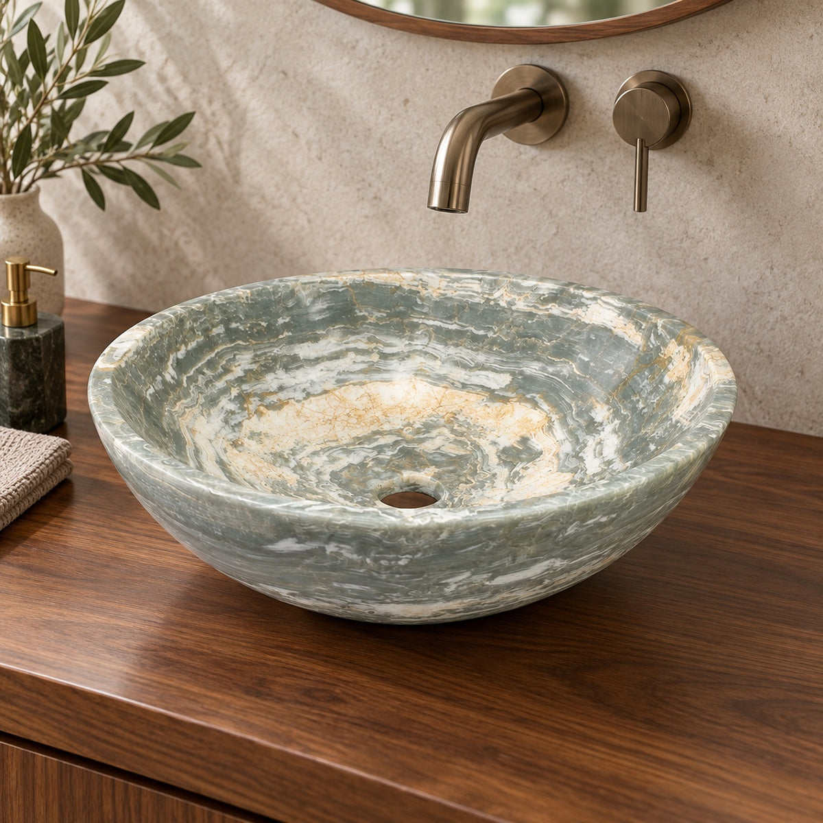 Vinko Blue Jade Stone Vessel Sink, second countertop lifestyle setting