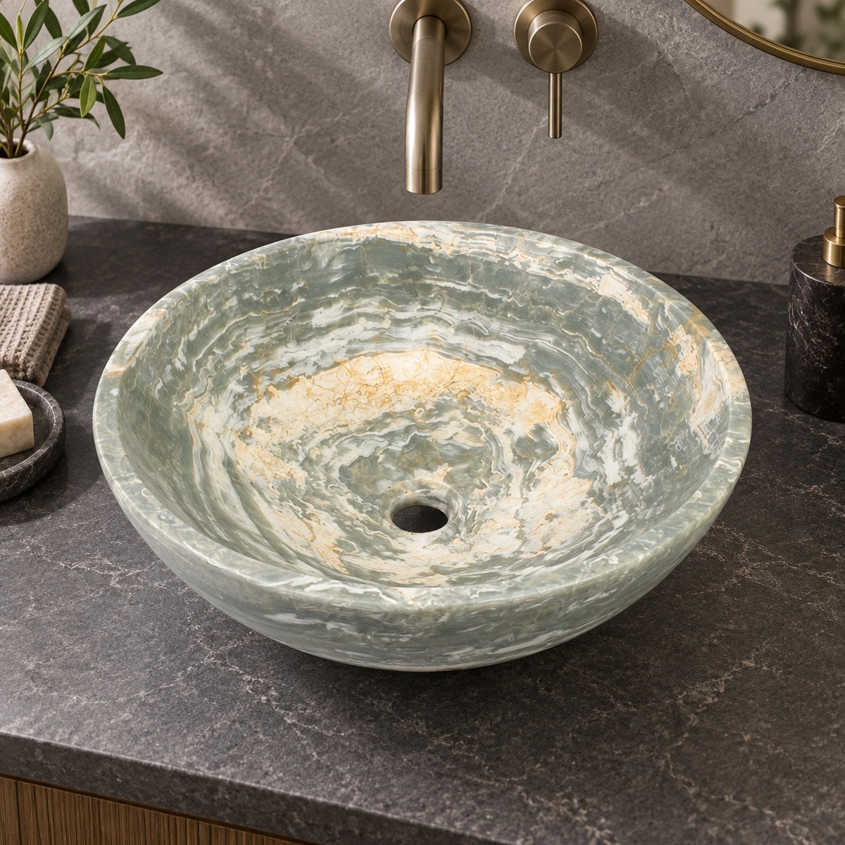 Vinko Blue Jade Stone Vessel Sink, alternate countertop lifestyle angle
