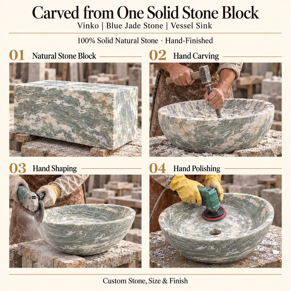 Vinko Blue Jade Stone Vessel Sink carved from one solid stone block, showing manual hammer-and-chisel carving, hand shaping and hand polishing; custom stone, size and finish.