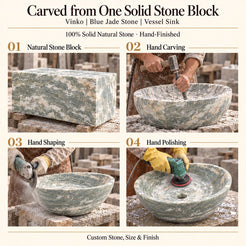 Vinko Blue Jade Stone Vessel Sink carved from one solid stone block, showing manual hammer-and-chisel carving, hand shaping and hand polishing; custom stone, size and finish.