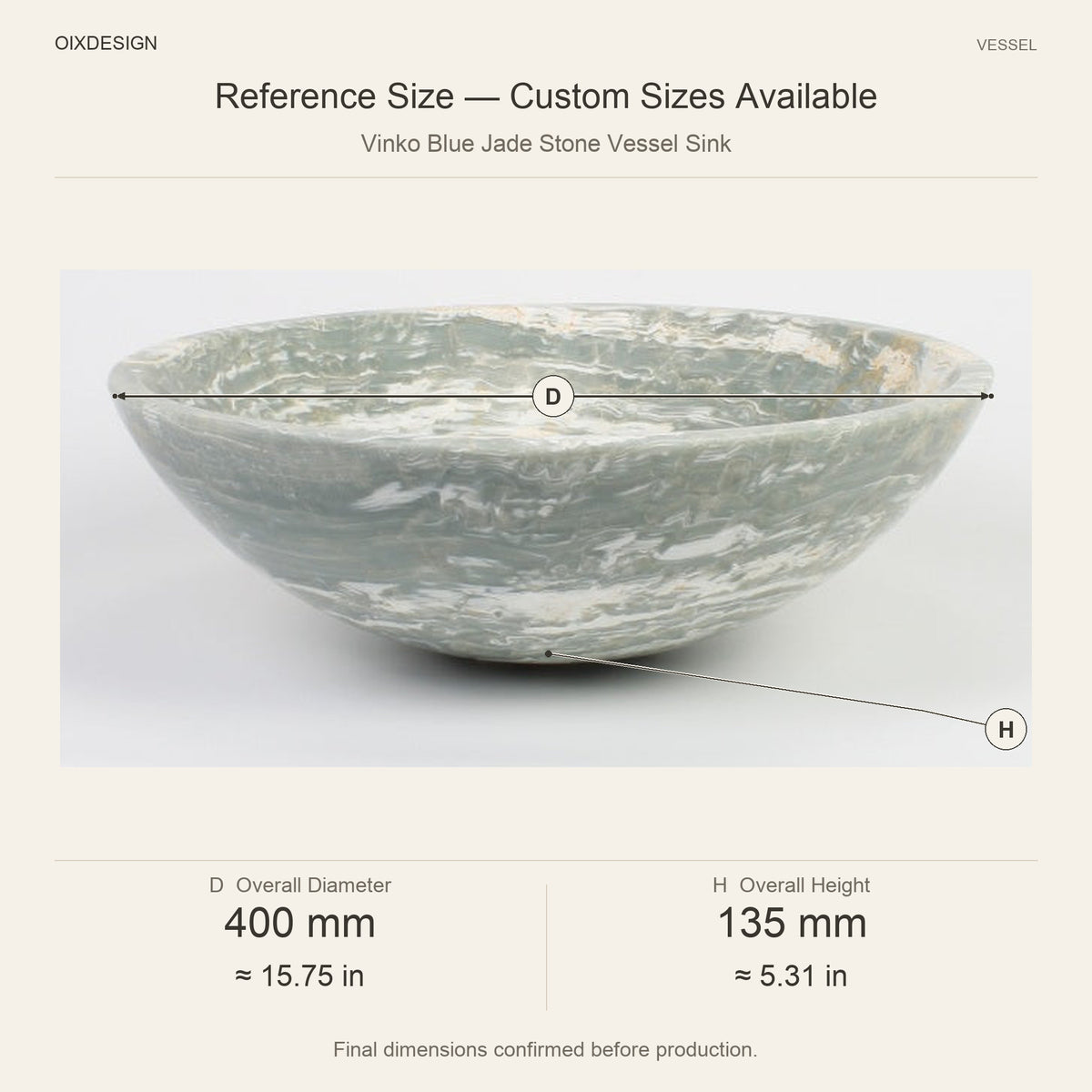 Vinko Blue Jade Stone Vessel Sink reference overall dimensions in millimeters and inches