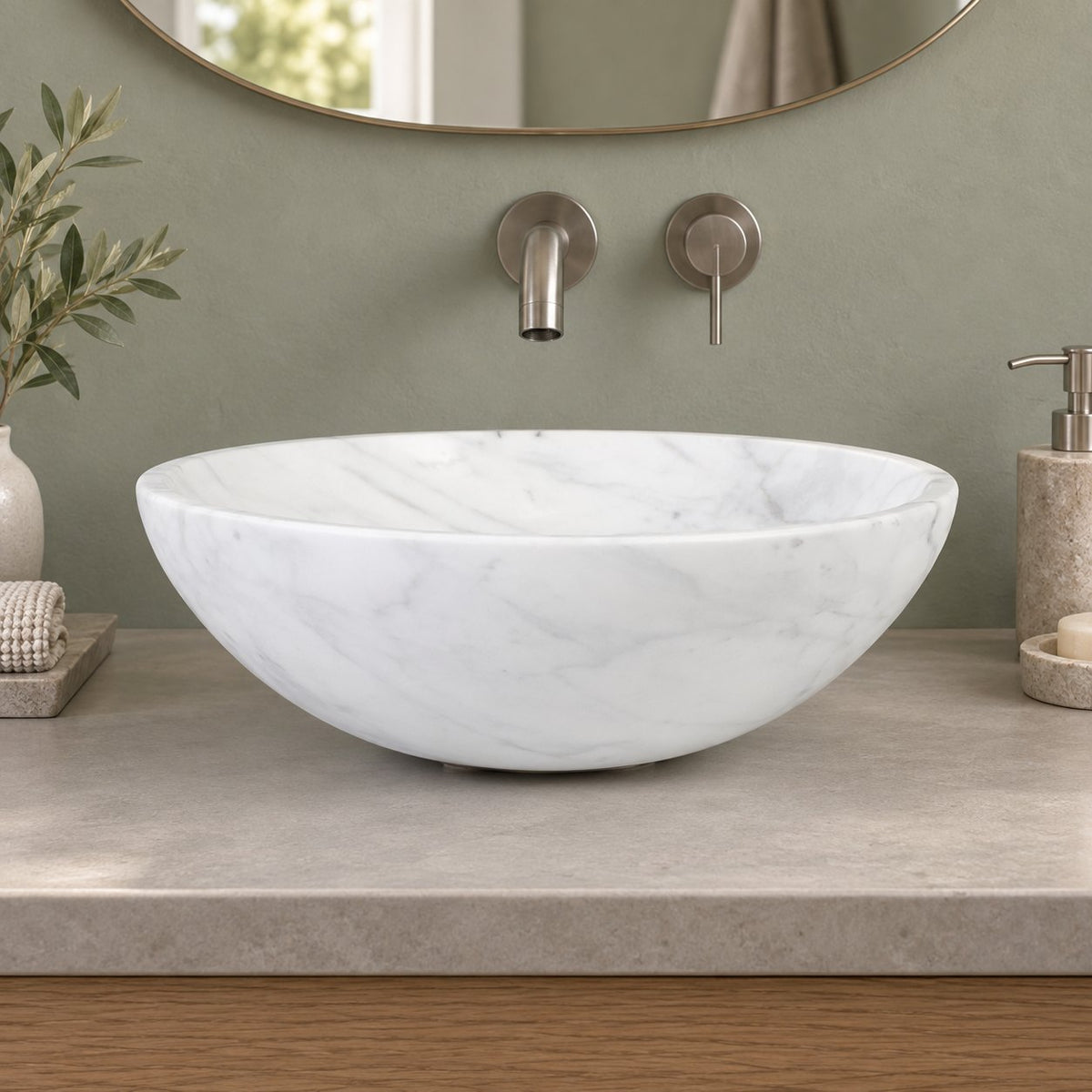 Vinko Carrara Marble Vessel Sink — low frontal bathroom lifestyle