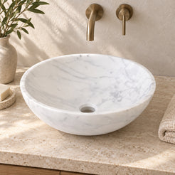 Vinko Carrara Marble Vessel Sink, countertop hero lifestyle view