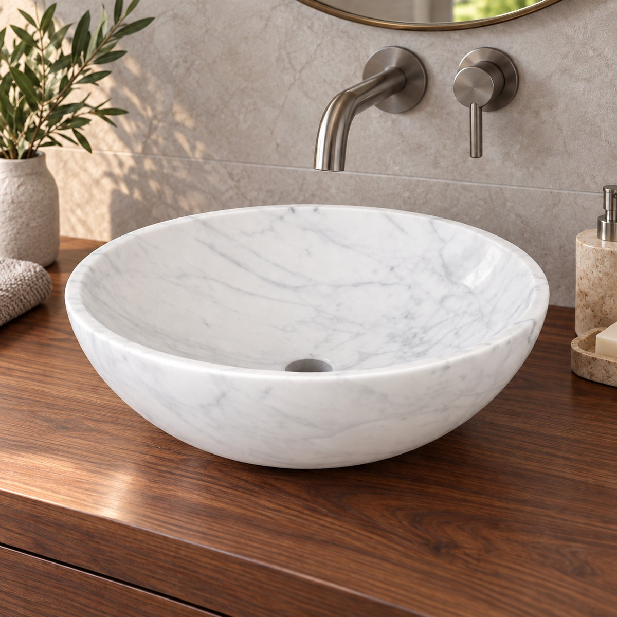 Vinko Carrara Marble Vessel Sink, second countertop lifestyle setting