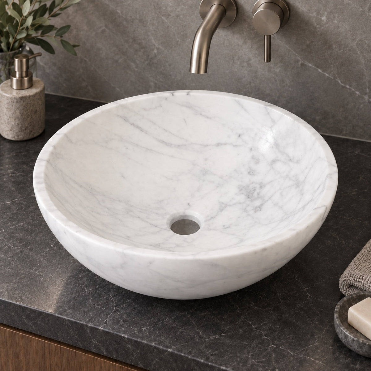 Vinko Carrara Marble Vessel Sink, alternate countertop lifestyle angle