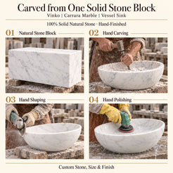 Vinko Carrara Marble Vessel Sink carved from one solid stone block, showing manual hammer-and-chisel carving, hand shaping and hand polishing; custom stone, size and finish.