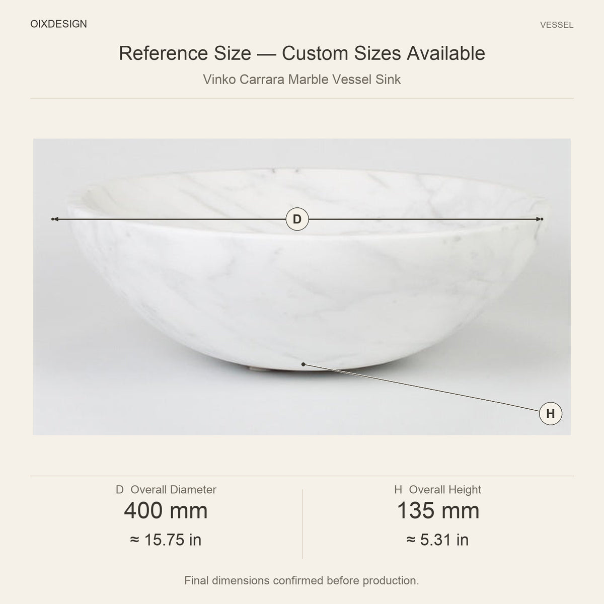 Vinko Carrara Marble Vessel Sink reference overall dimensions in millimeters and inches