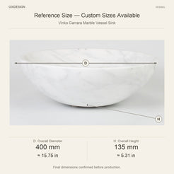Vinko Carrara Marble Vessel Sink reference overall dimensions in millimeters and inches