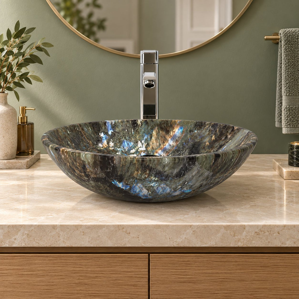 Vinko Celestia Blue Quartzite Vessel Sink — low frontal bathroom lifestyle