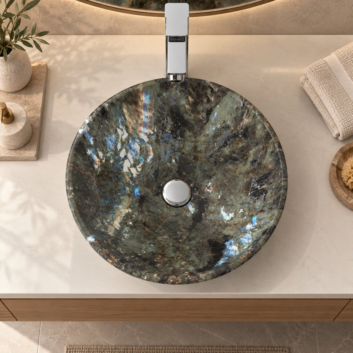 Vinko Celestia Blue Quartzite Vessel Sink — overhead bathroom lifestyle