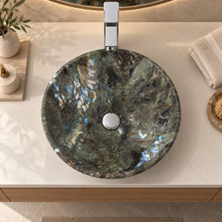 Vinko Celestia Blue Quartzite Vessel Sink — overhead bathroom lifestyle
