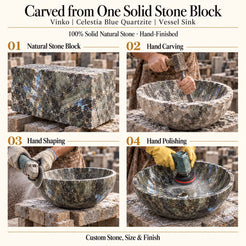 Vinko Celestia Blue Quartzite Vessel Sink carved from one solid stone block, showing manual hammer-and-chisel carving, hand shaping and hand polishing; custom stone, size and finish.