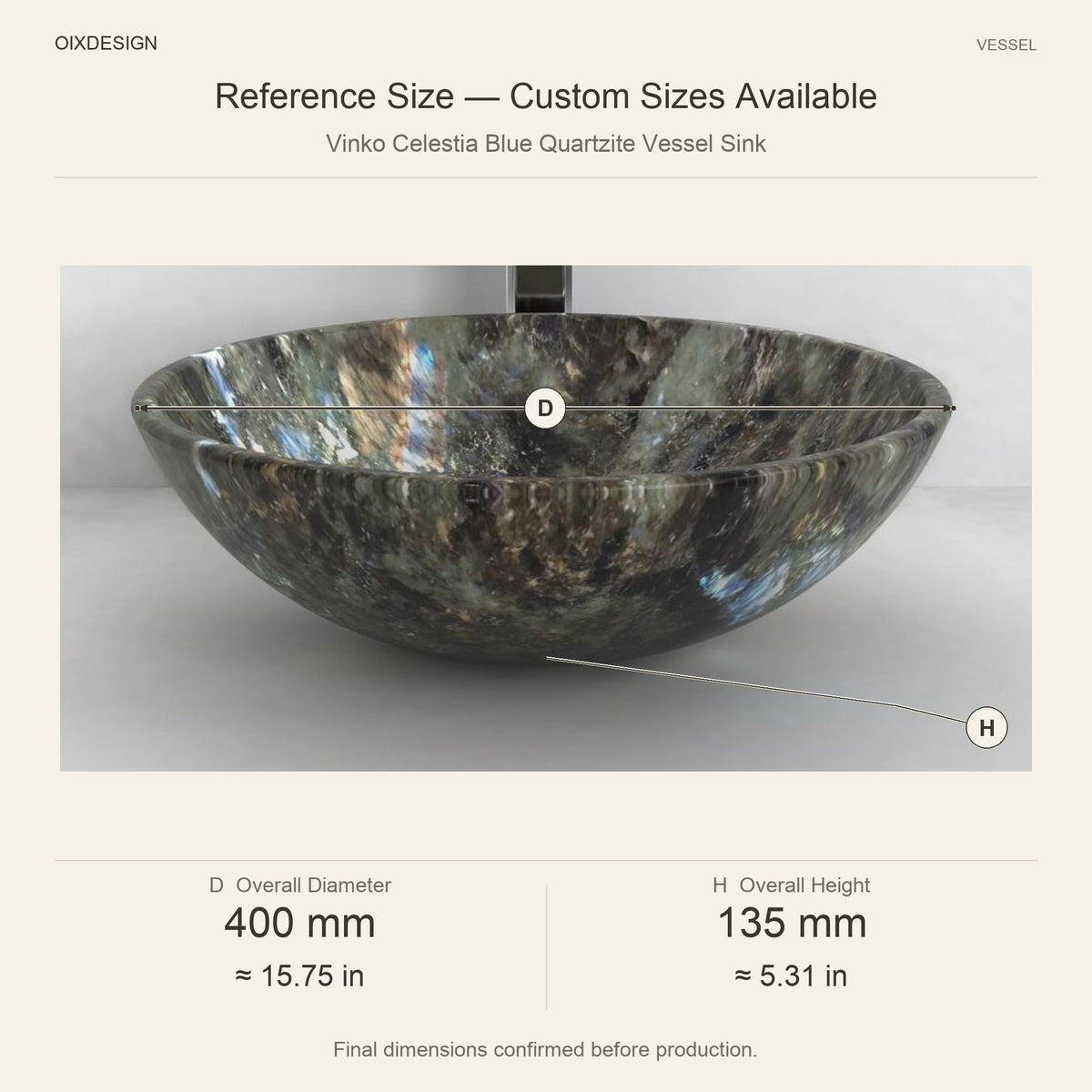 Vinko Celestia Blue Quartzite Vessel Sink reference overall dimensions in millimeters and inches