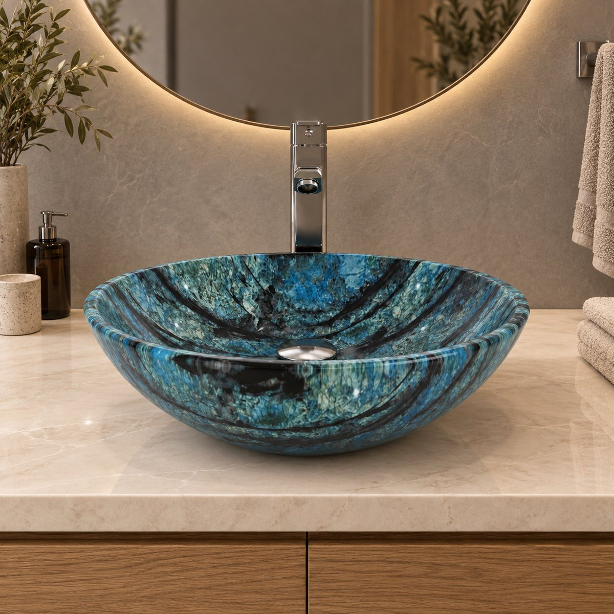 Vinko Danube Blue Quartzite Vessel Sink — low frontal bathroom lifestyle