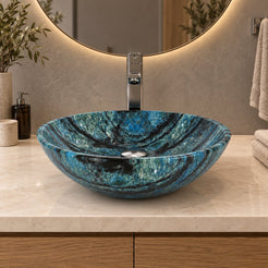 Vinko Danube Blue Quartzite Vessel Sink — low frontal bathroom lifestyle
