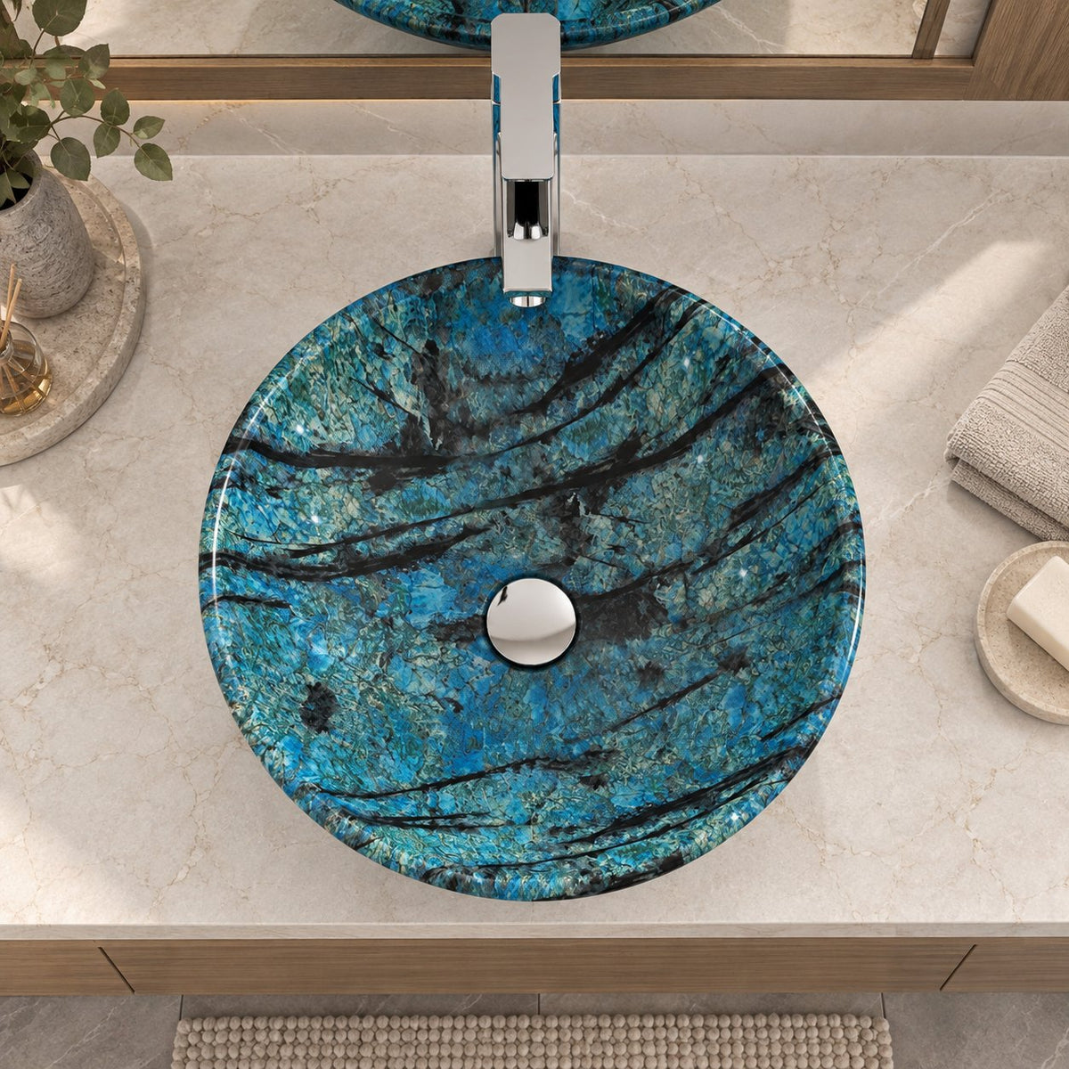 Vinko Danube Blue Quartzite Vessel Sink — overhead bathroom lifestyle
