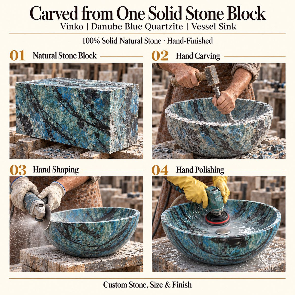 Vinko Danube Blue Quartzite Vessel Sink carved from one solid stone block, showing manual hammer-and-chisel carving, hand shaping and hand polishing; custom stone, size and finish.