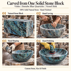 Vinko Danube Blue Quartzite Vessel Sink carved from one solid stone block, showing manual hammer-and-chisel carving, hand shaping and hand polishing; custom stone, size and finish.