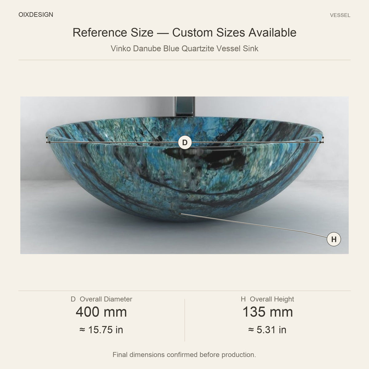 Vinko Danube Blue Quartzite Vessel Sink reference overall dimensions in millimeters and inches