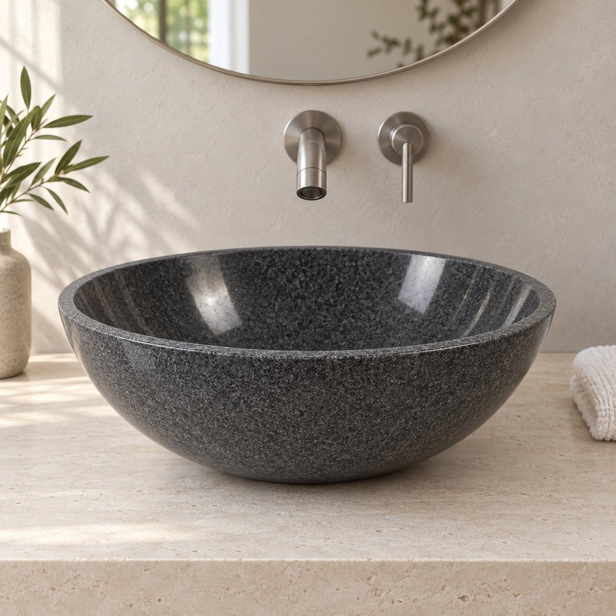 Vinko Dorata G654 Stone Vessel Sink — low frontal bathroom lifestyle