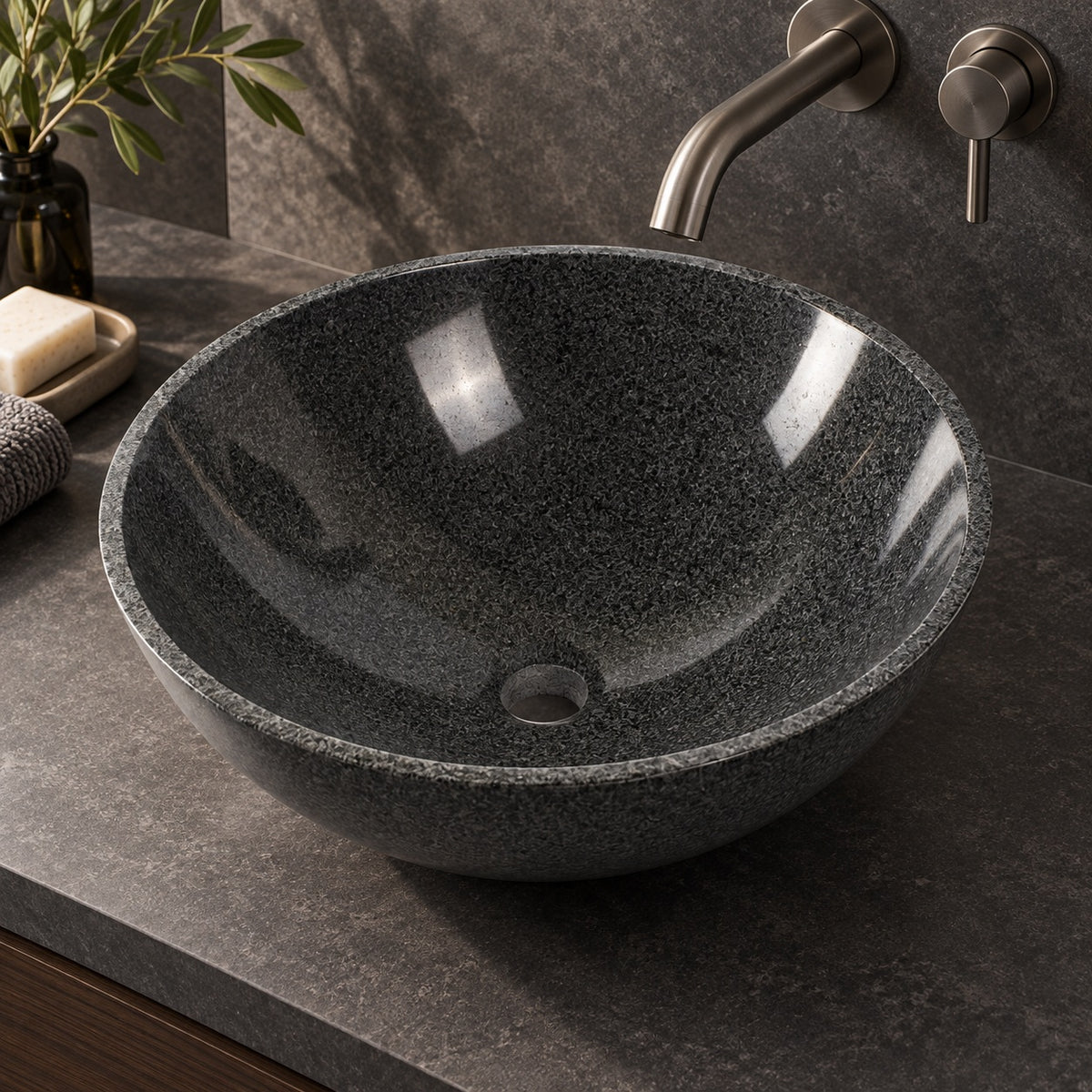 Vinko Dorata G654 Stone Vessel Sink, alternate countertop lifestyle angle