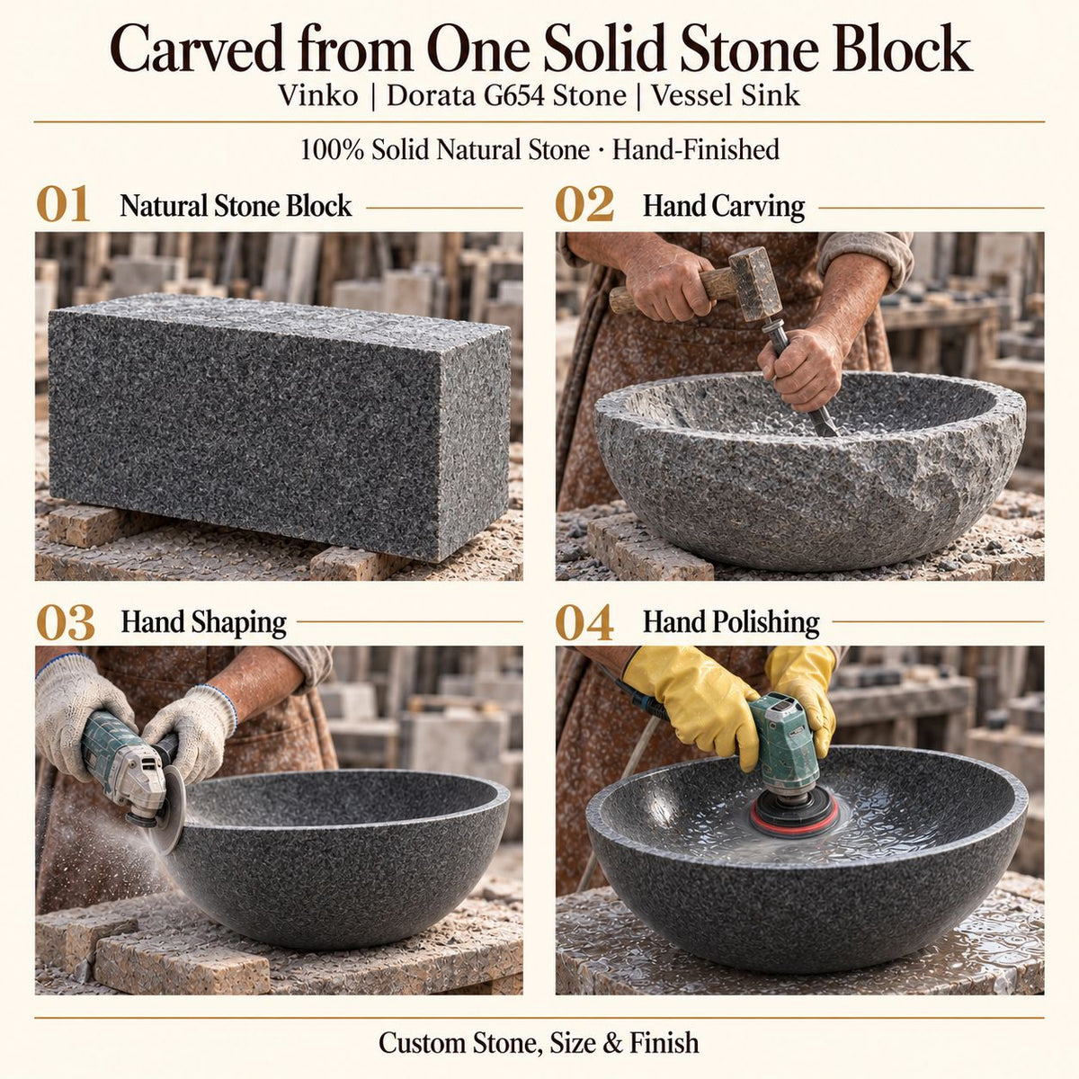 Vinko Dorata G654 Stone Vessel Sink carved from one solid stone block, showing manual hammer-and-chisel carving, hand shaping and hand polishing; custom stone, size and finish.