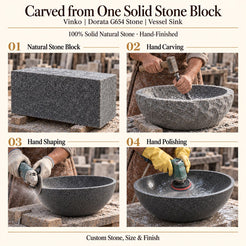 Vinko Dorata G654 Stone Vessel Sink carved from one solid stone block, showing manual hammer-and-chisel carving, hand shaping and hand polishing; custom stone, size and finish.