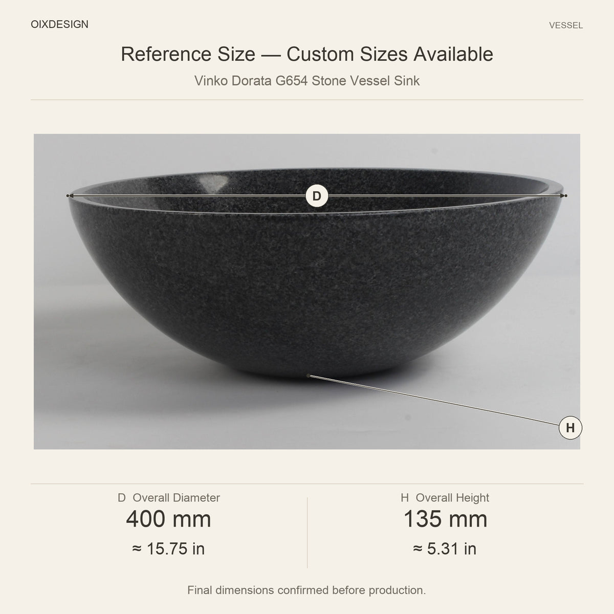 Vinko Dorata G654 Stone Vessel Sink reference overall dimensions in millimeters and inches