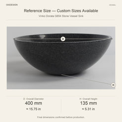 Vinko Dorata G654 Stone Vessel Sink reference overall dimensions in millimeters and inches
