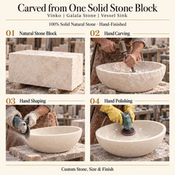 Vinko Galala Stone Vessel Sink carved from one solid stone block, showing manual hammer-and-chisel carving, hand shaping and hand polishing; custom stone, size and finish.