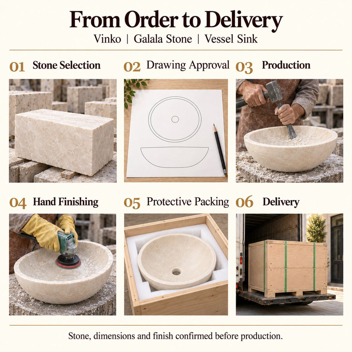 Vinko Galala Stone Vessel Sink from order to delivery: material selection, drawing approval, production, hand finishing, protective foam packing in a plywood crate and delivery; specifications confirmed before production.
