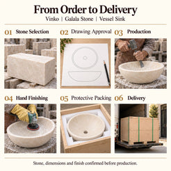 Vinko Galala Stone Vessel Sink from order to delivery: material selection, drawing approval, production, hand finishing, protective foam packing in a plywood crate and delivery; specifications confirmed before production.