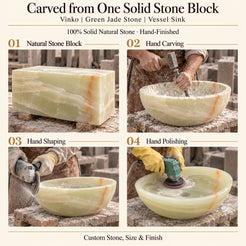 Vinko Green Jade Stone Vessel Sink carved from one solid stone block, showing manual hammer-and-chisel carving, hand shaping and hand polishing; custom stone, size and finish.