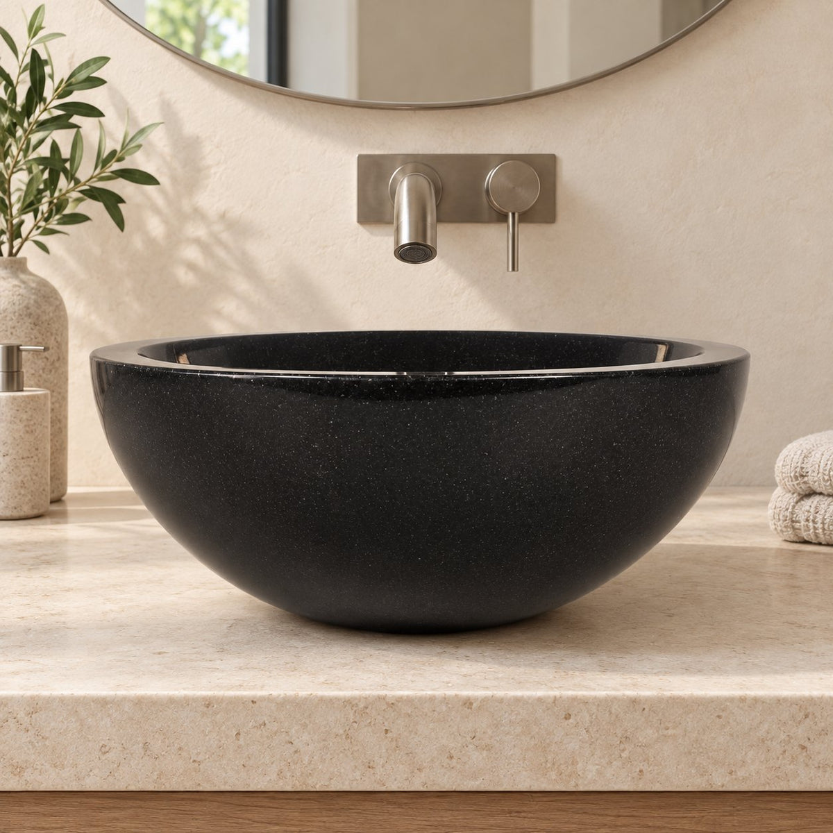 Vinko Neroco Stone Vessel Sink — low frontal bathroom lifestyle
