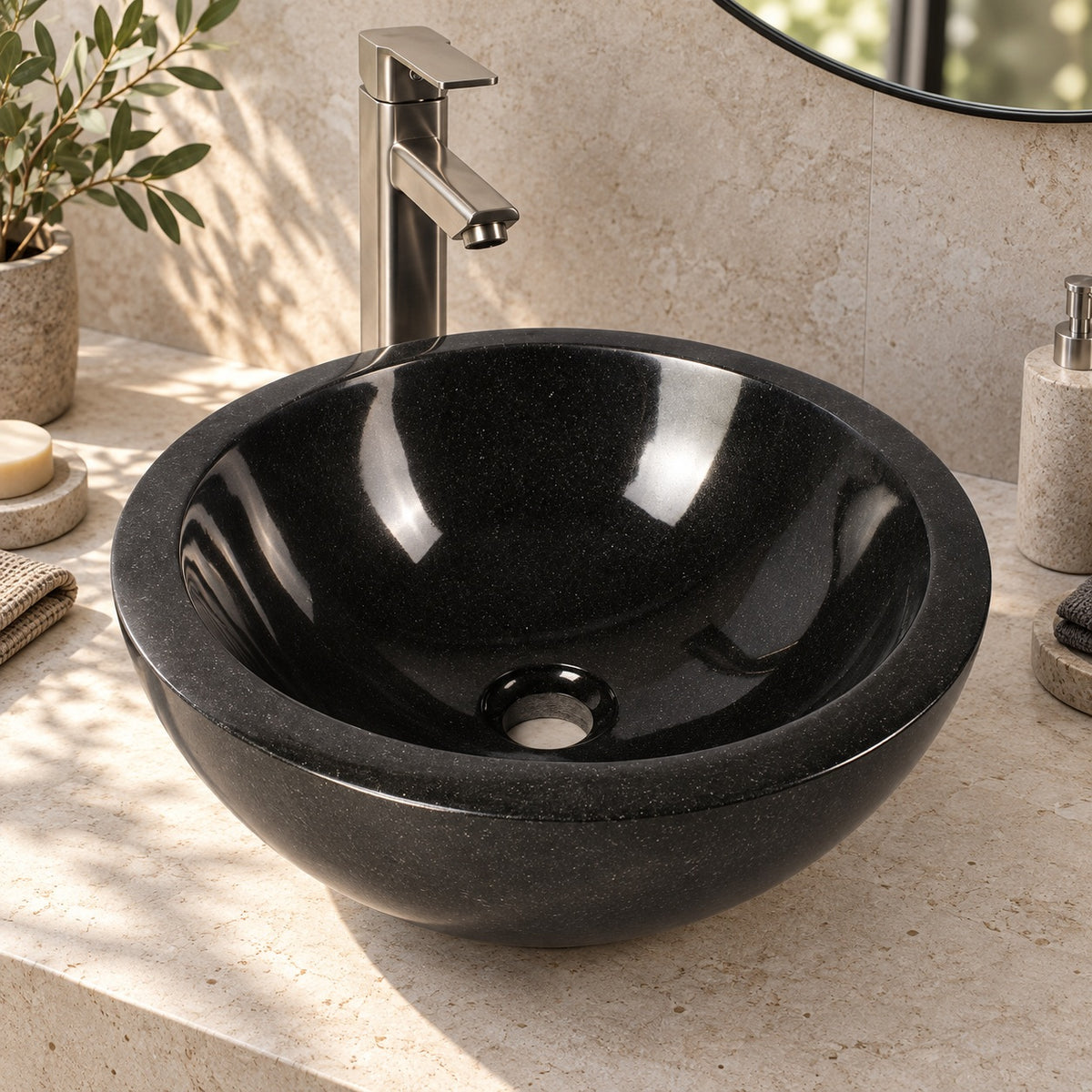 Vinko Neroco Stone Vessel Sink, countertop hero lifestyle view