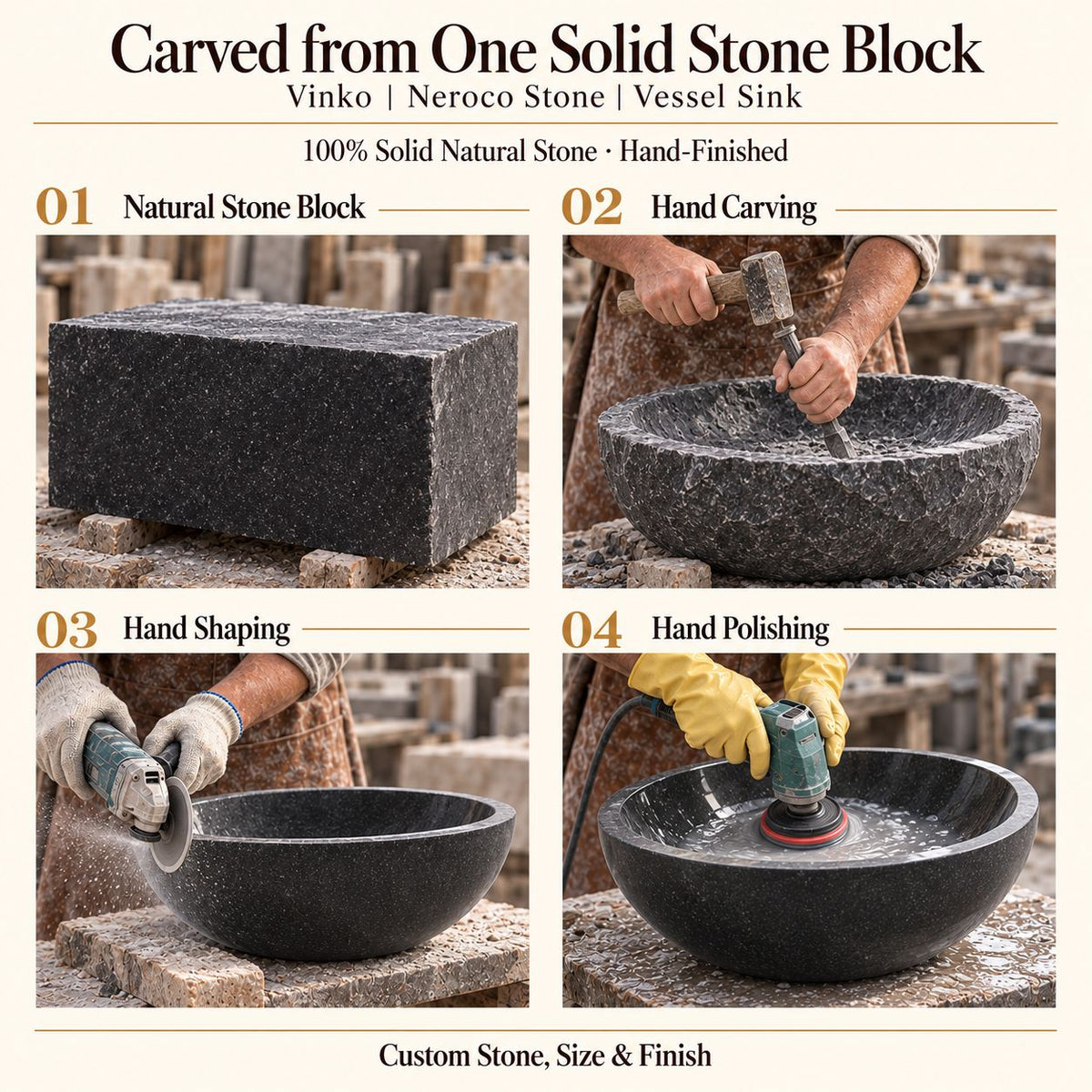 Vinko Neroco Stone Vessel Sink carved from one solid stone block, showing manual hammer-and-chisel carving, hand shaping and hand polishing; custom stone, size and finish.