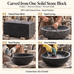 Vinko Neroco Stone Vessel Sink carved from one solid stone block, showing manual hammer-and-chisel carving, hand shaping and hand polishing; custom stone, size and finish.