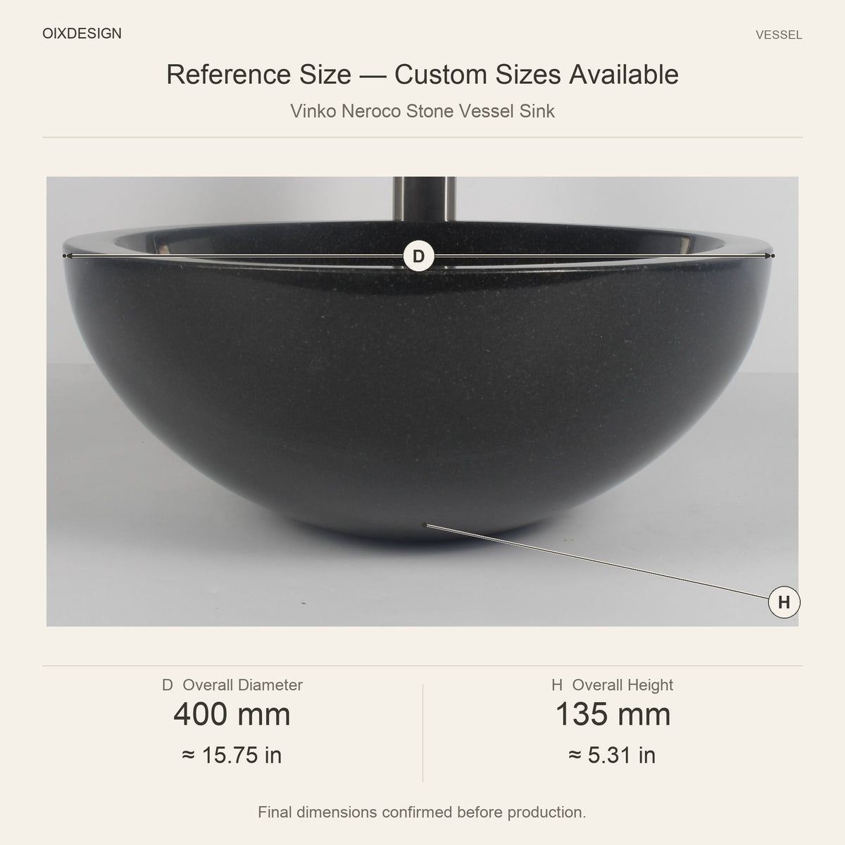 Vinko Neroco Stone Vessel Sink reference overall dimensions in millimeters and inches