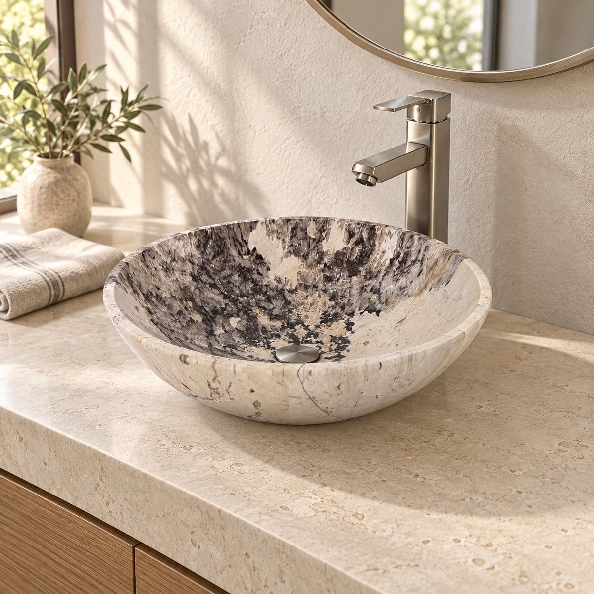 Vinko Pandora Blanc Quartzite Vessel Sink — three-quarter bathroom lifestyle
