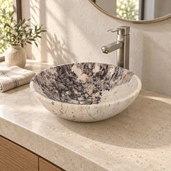 Vinko Pandora Blanc Quartzite Vessel Sink — three-quarter bathroom lifestyle
