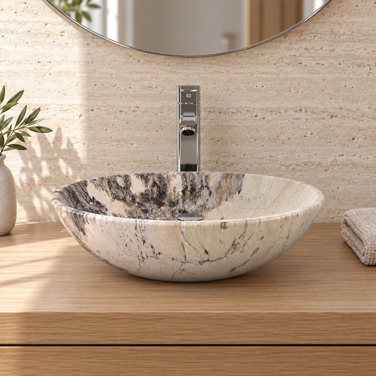 Vinko Pandora Blanc Quartzite Vessel Sink — low frontal bathroom lifestyle