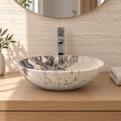 Vinko Pandora Blanc Quartzite Vessel Sink — low frontal bathroom lifestyle