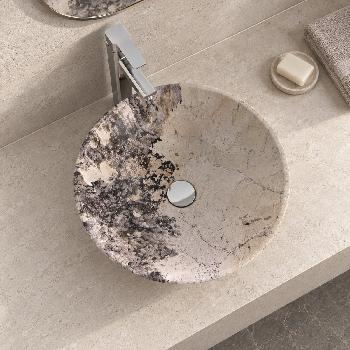 Vinko Pandora Blanc Quartzite Vessel Sink — overhead bathroom lifestyle