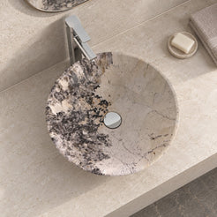 Vinko Pandora Blanc Quartzite Vessel Sink — overhead bathroom lifestyle