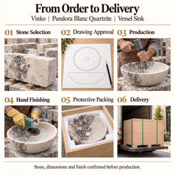 Vinko Pandora Blanc Quartzite Vessel Sink from order to delivery: material selection, drawing approval, production, hand finishing, protective foam packing in a plywood crate and delivery; specifications confirmed before production.