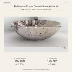 Vinko Pandora Blanc Quartzite Vessel Sink reference overall dimensions in millimeters and inches