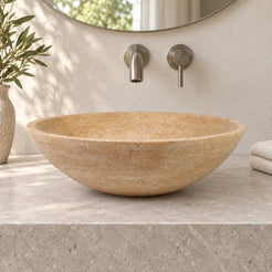 Vinko Travertino Romano Travertine Vessel Sink — low frontal bathroom lifestyle