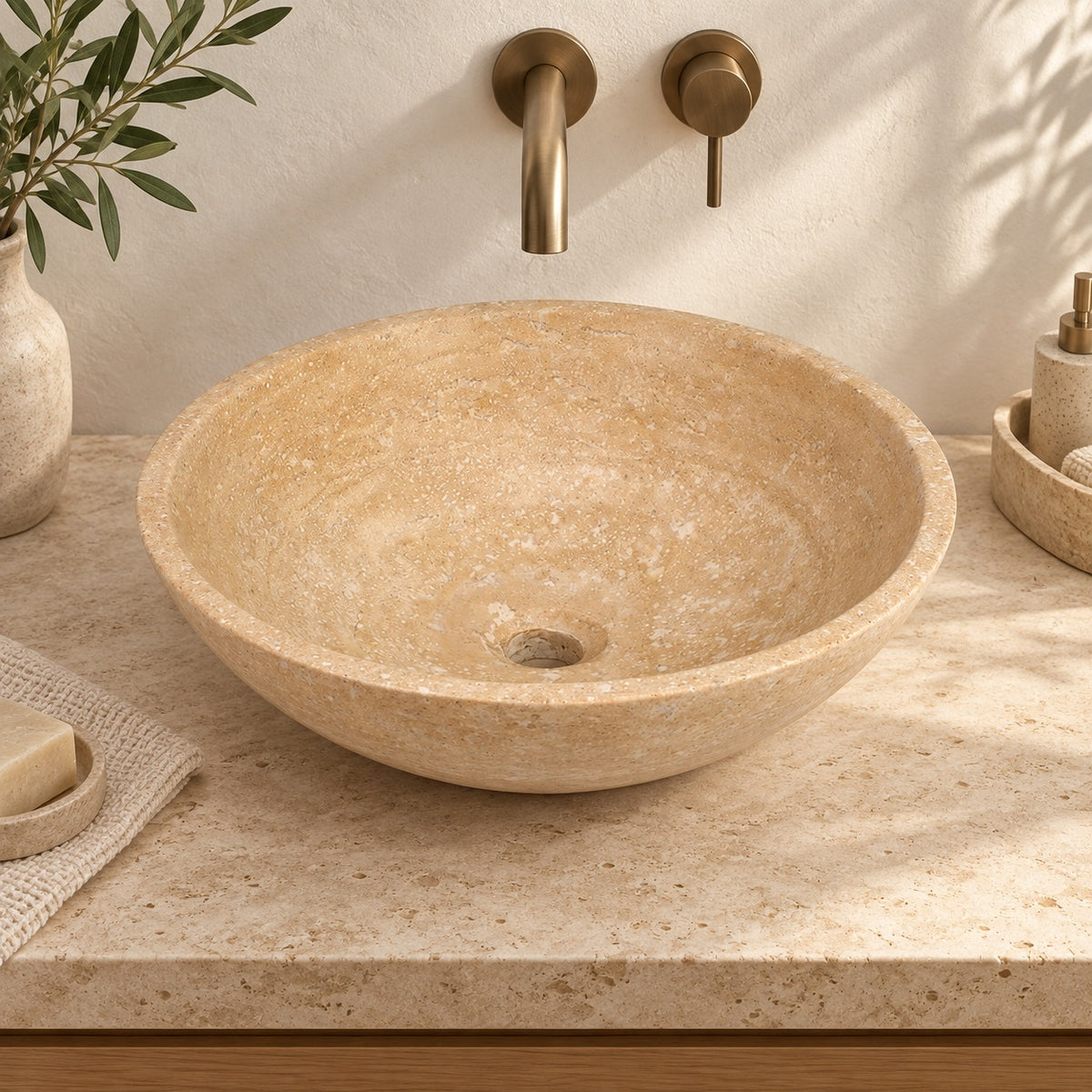 Vinko Travertino Romano Travertine Vessel Sink, countertop hero lifestyle view